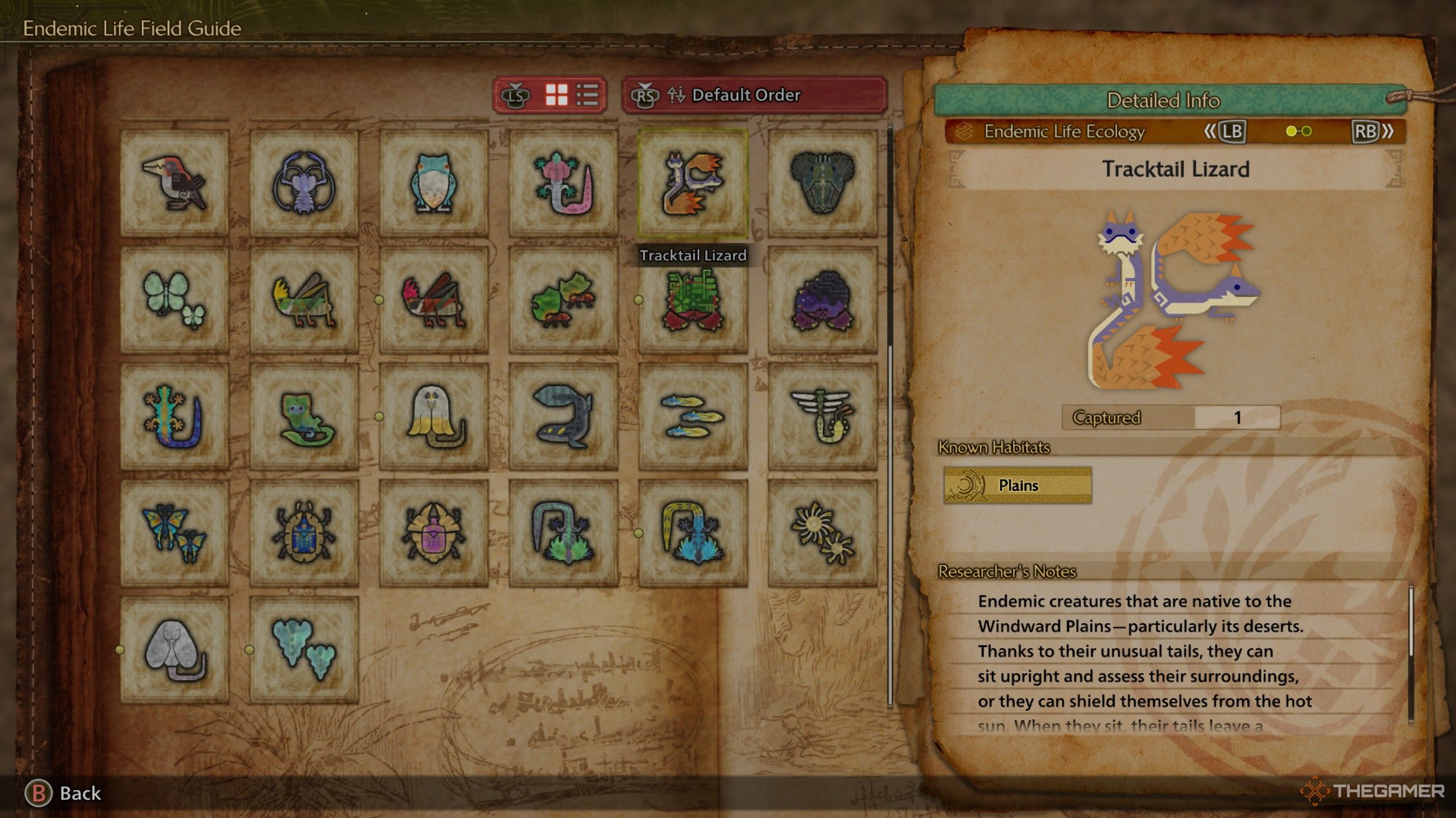 The in-game description of a tracktail lizard in monster hunter wilds.