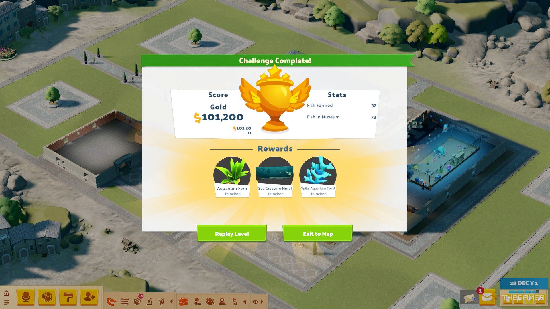 a gold rating above 100,000 in the fish farm pop-up challenge in two point museum.