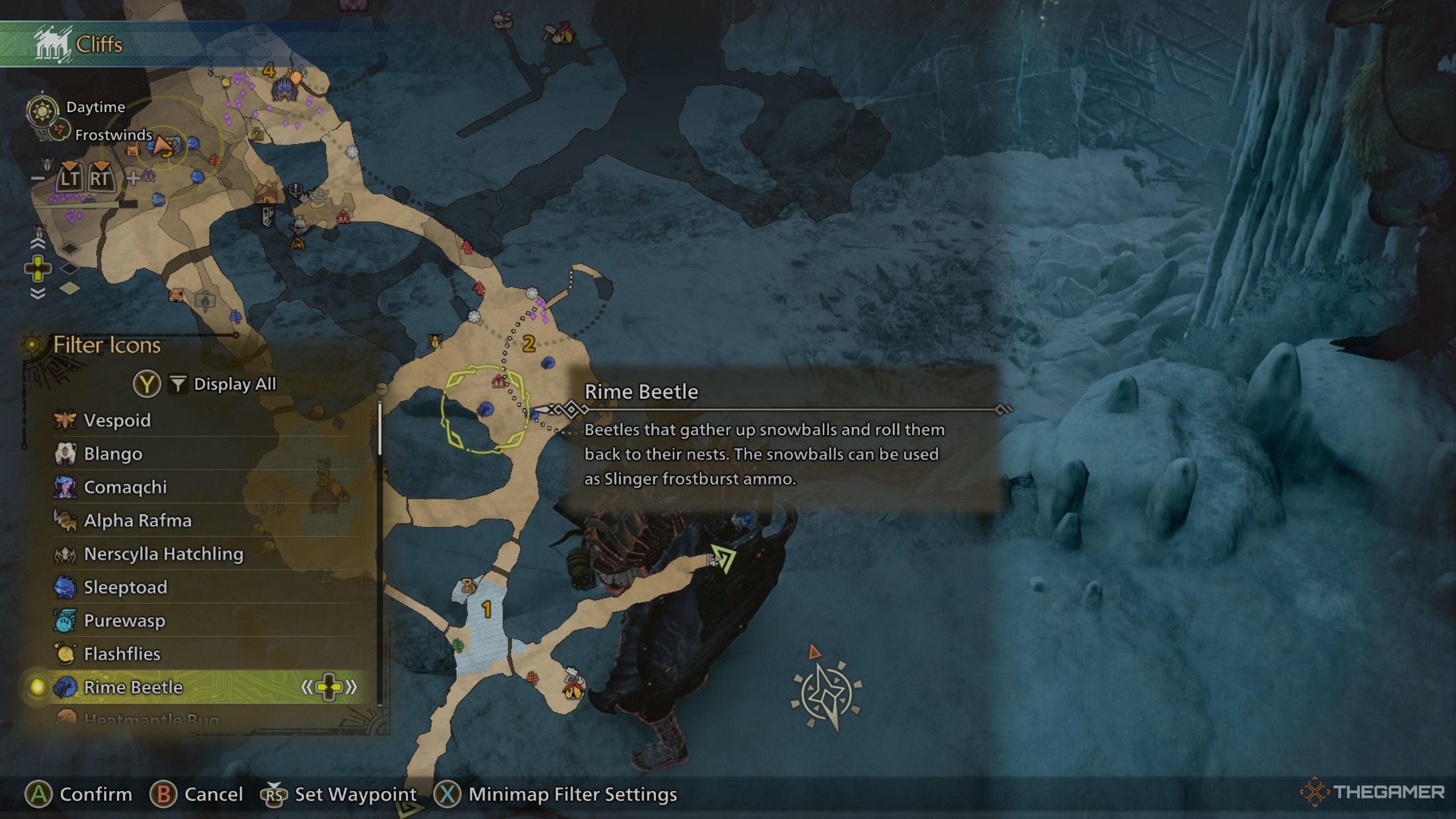 a rime beetle highlighted on the map in monster hunter wilds.