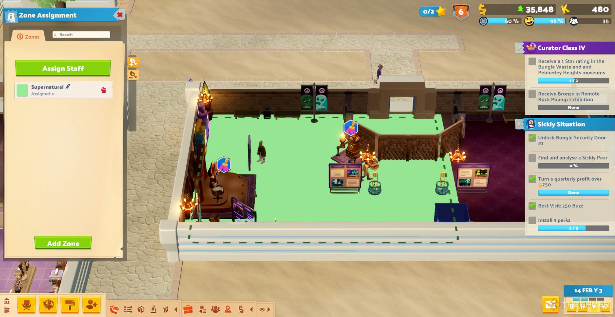 Player character drawing out a green box in a building to create a zone in Two Point Museum.