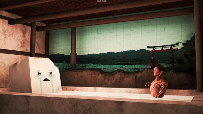 A yakuza relaxes in a bath with a crying tofu block mascot in Promise Mascot Agency.