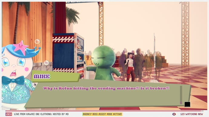 A green mascot hits a vending machine in Promise Mascot Agency.