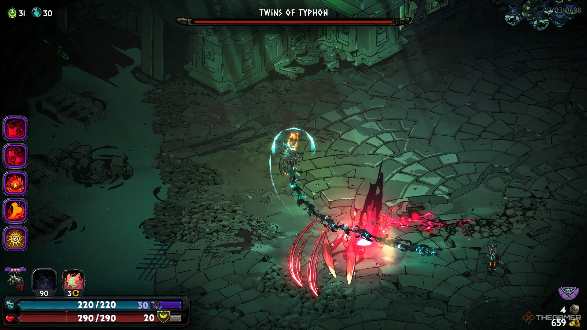 Melinoe dashes around a claw attack from the Twins of Typhon in Hades 2.