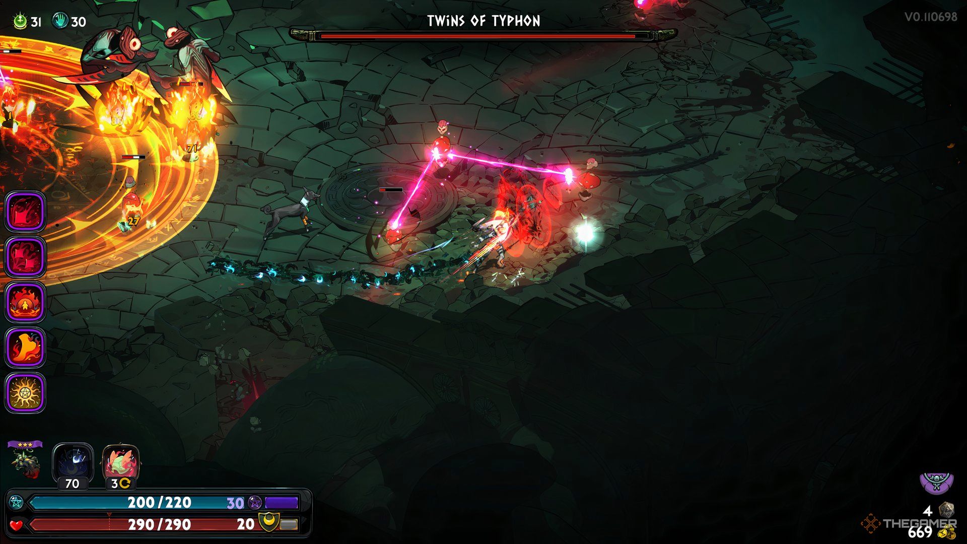 Melinoe attacks a Heartstone minion summoned by the Twin of Typhons in Hades 2.