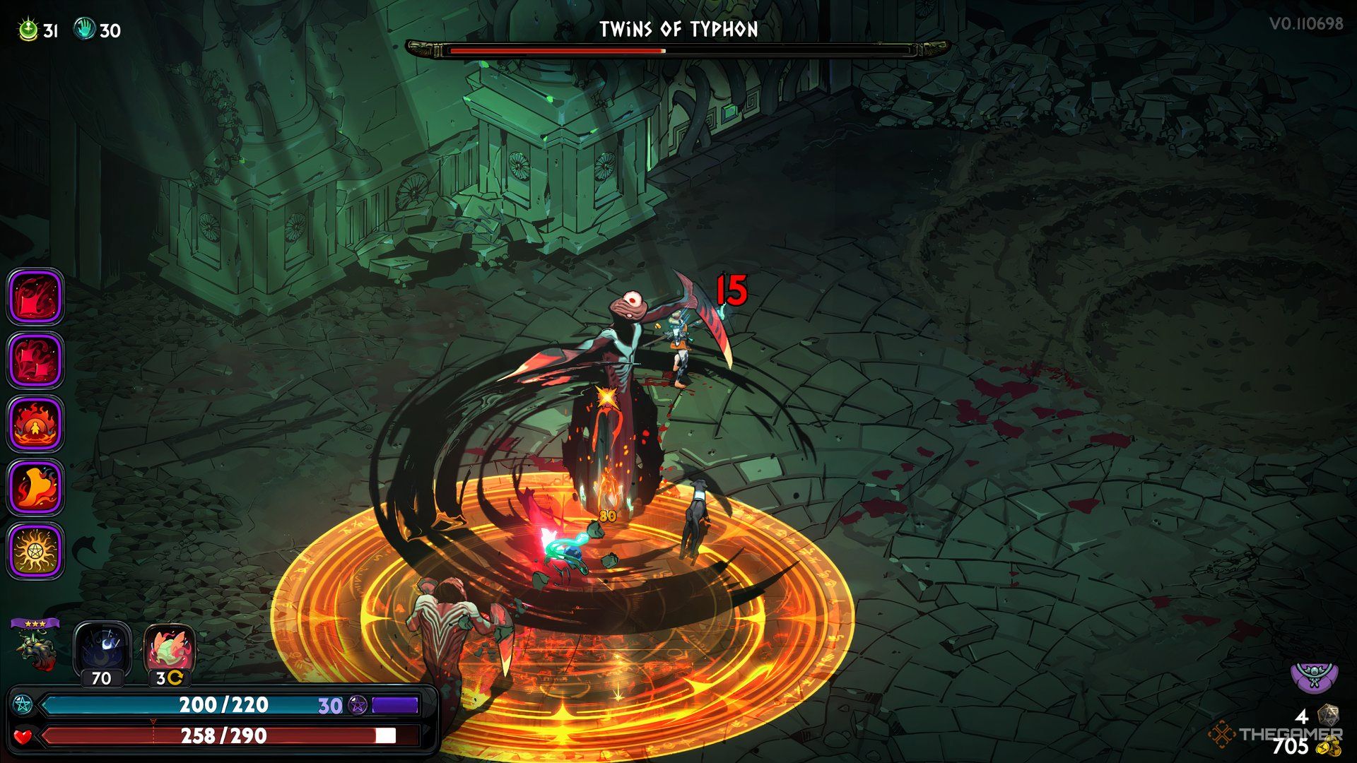 Twin of Typhon erupts from the fiery ground and spins for 15 damage on Melinoe in Hades 2.