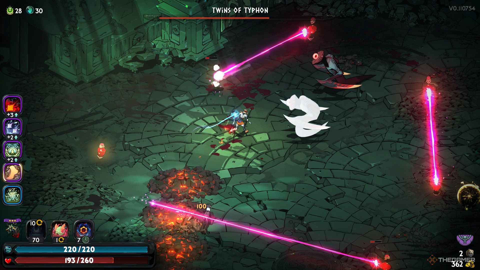 Melinoe uses Hestia's Legendary Boon, Fire Walk, during the Twins of Typhon fight in Hades 2.