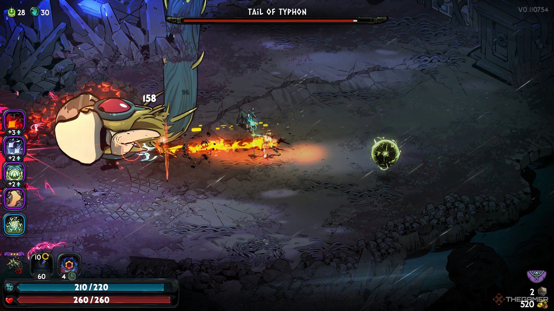 Melinoe uses Hestia's Fire with Momus against the Tail of Typhon in Hades 2.