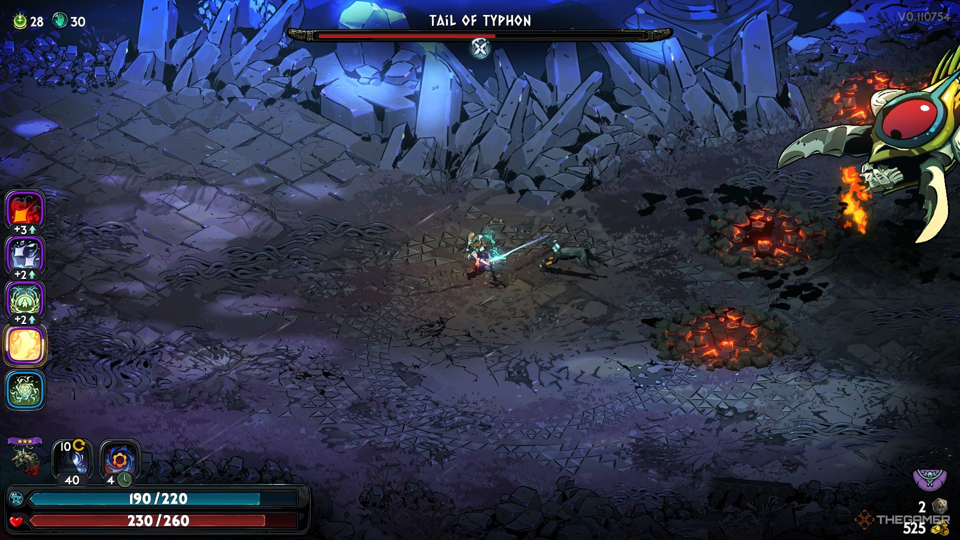 Tail of Typhon chases after Melinoe while using its pincers in Hades 2.