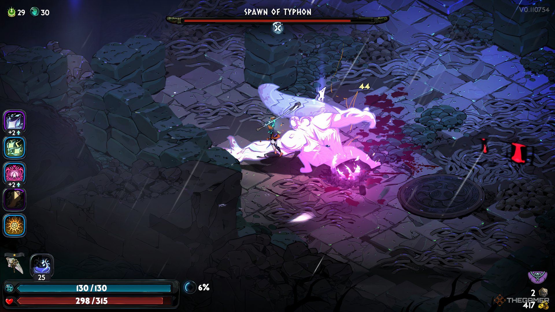 Spawn of Typhon lunges for Melinoe whilst frozen in Hades 2.