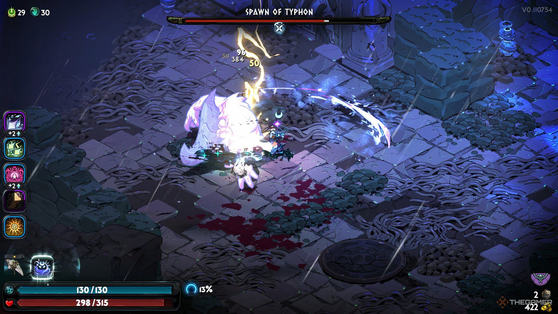 Spawn of Typhon uses the Mighty Slash combo on Melinoe but is struck in the back by lightning in Hades 2.