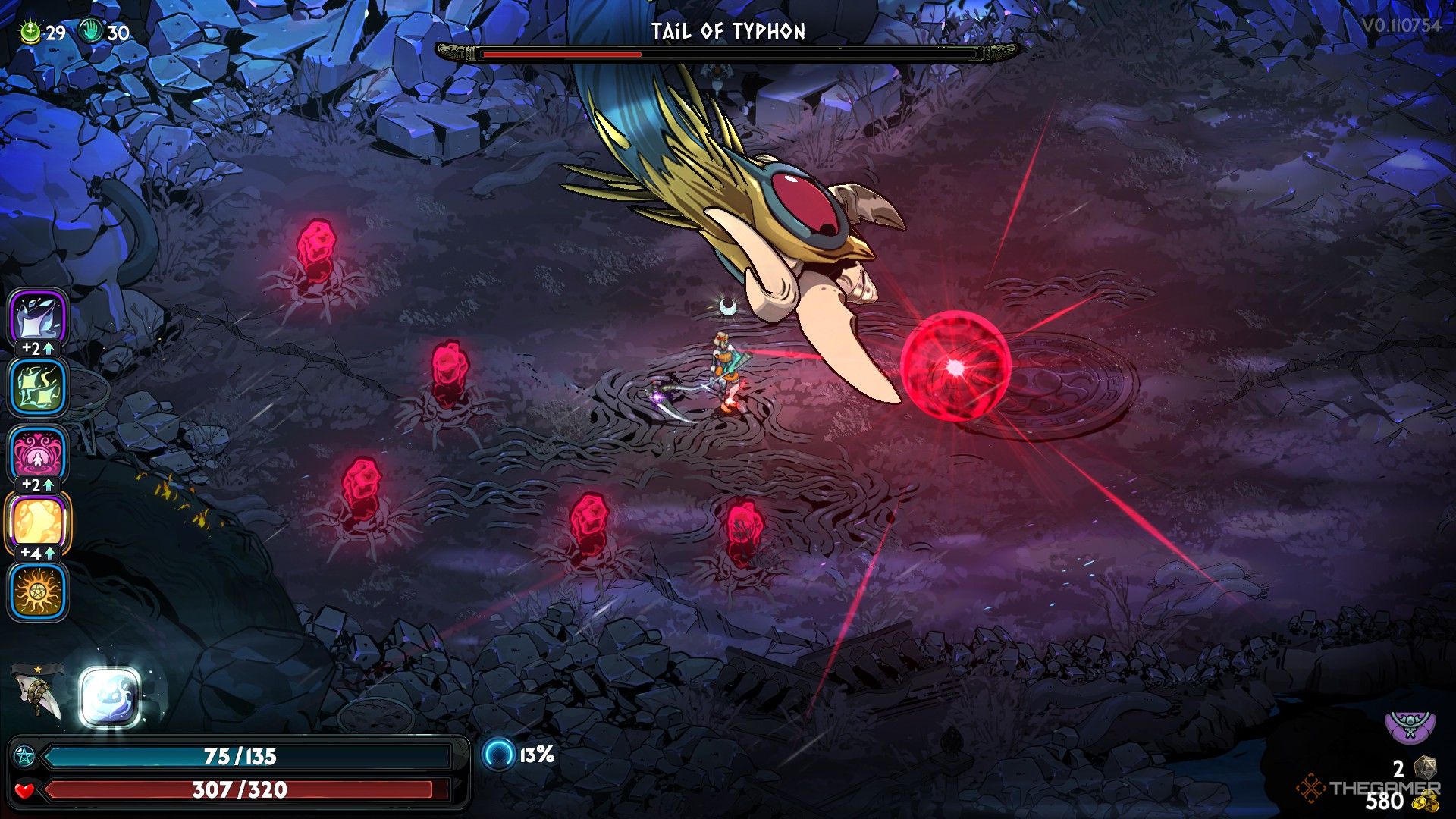 Tail of Typhon charges a Hyper Wave as Melinoe stands behind it in Hades 2.