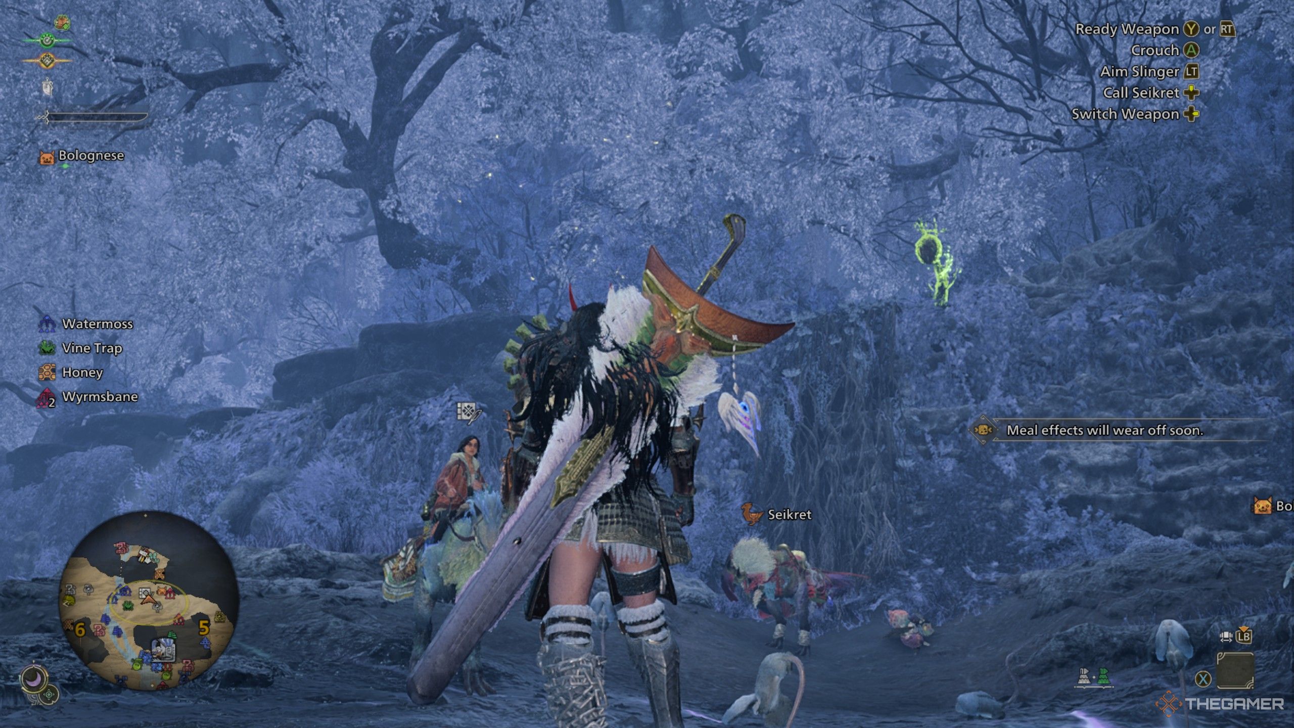 hunting looking towards a grove of trees in wyveria in monster hunter wilds.