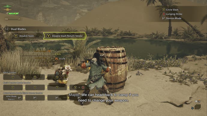 A hunter tries out the Dual Blades near a desert spring in Monster Hunter Wilds.