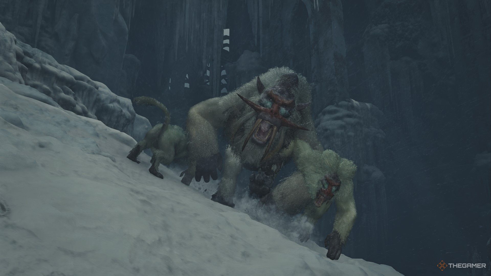 Blangonga alongside smaller monsters roaring in monster hunter wilds.