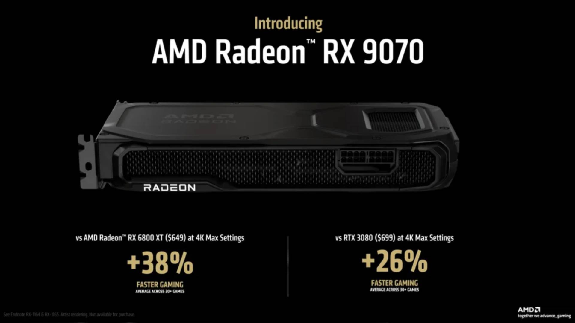 AMD Radeon RX 9070 graphic with stats comparing GPU to previous gen models