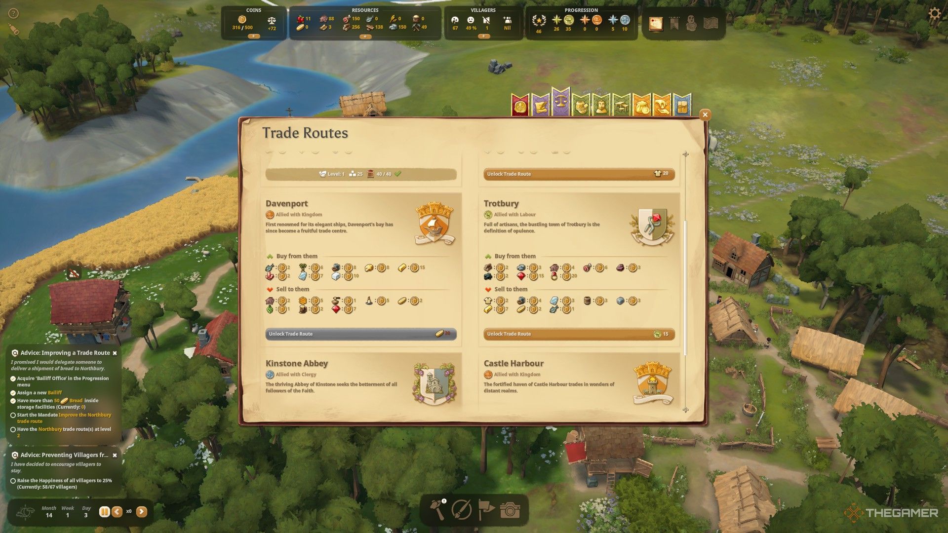 The image shows the Davenport and Trotbury trade requirements from the Trade Routes menu in Foundation.