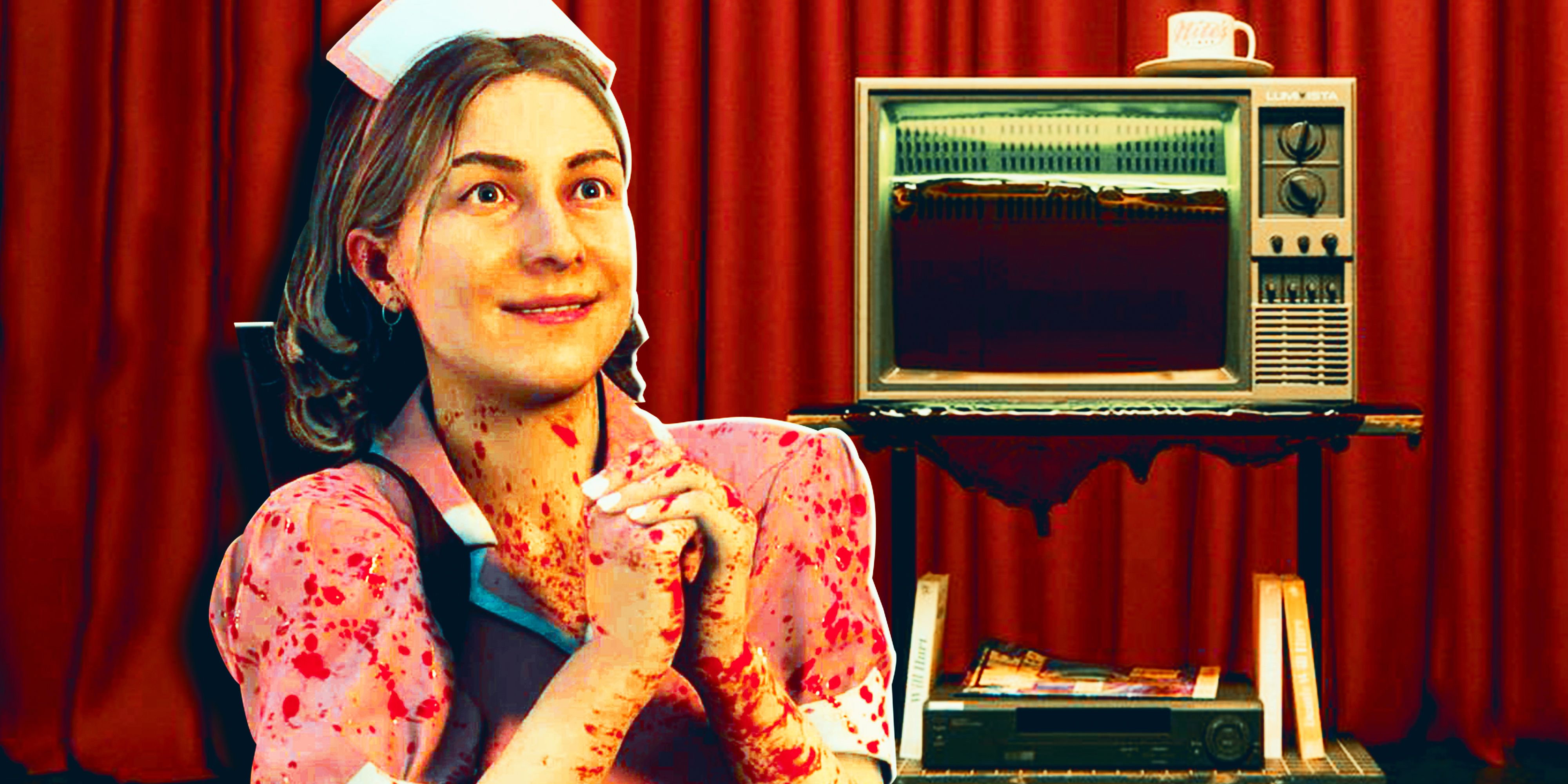 Rose Marigold from Alan Wake 2 covered in blood with a TV and red stage curtain in the background 