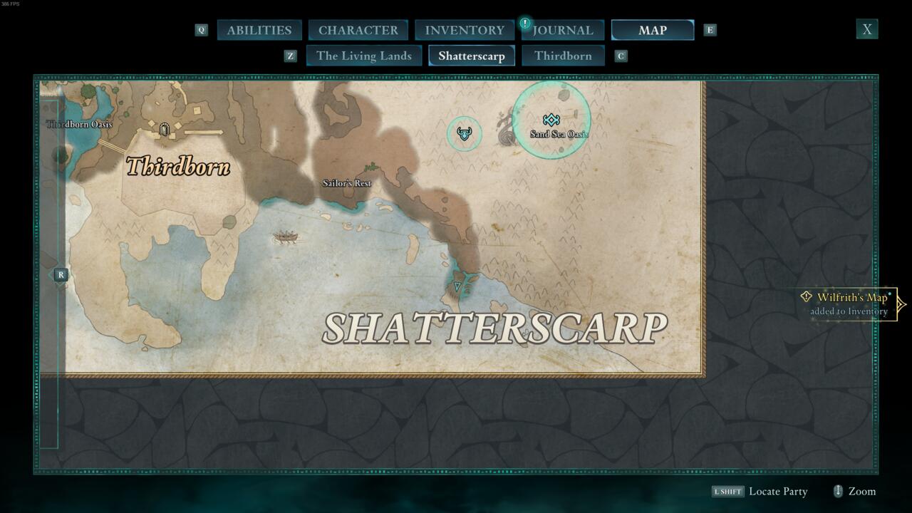 The map location of the missing cartographer in Shatterscarp