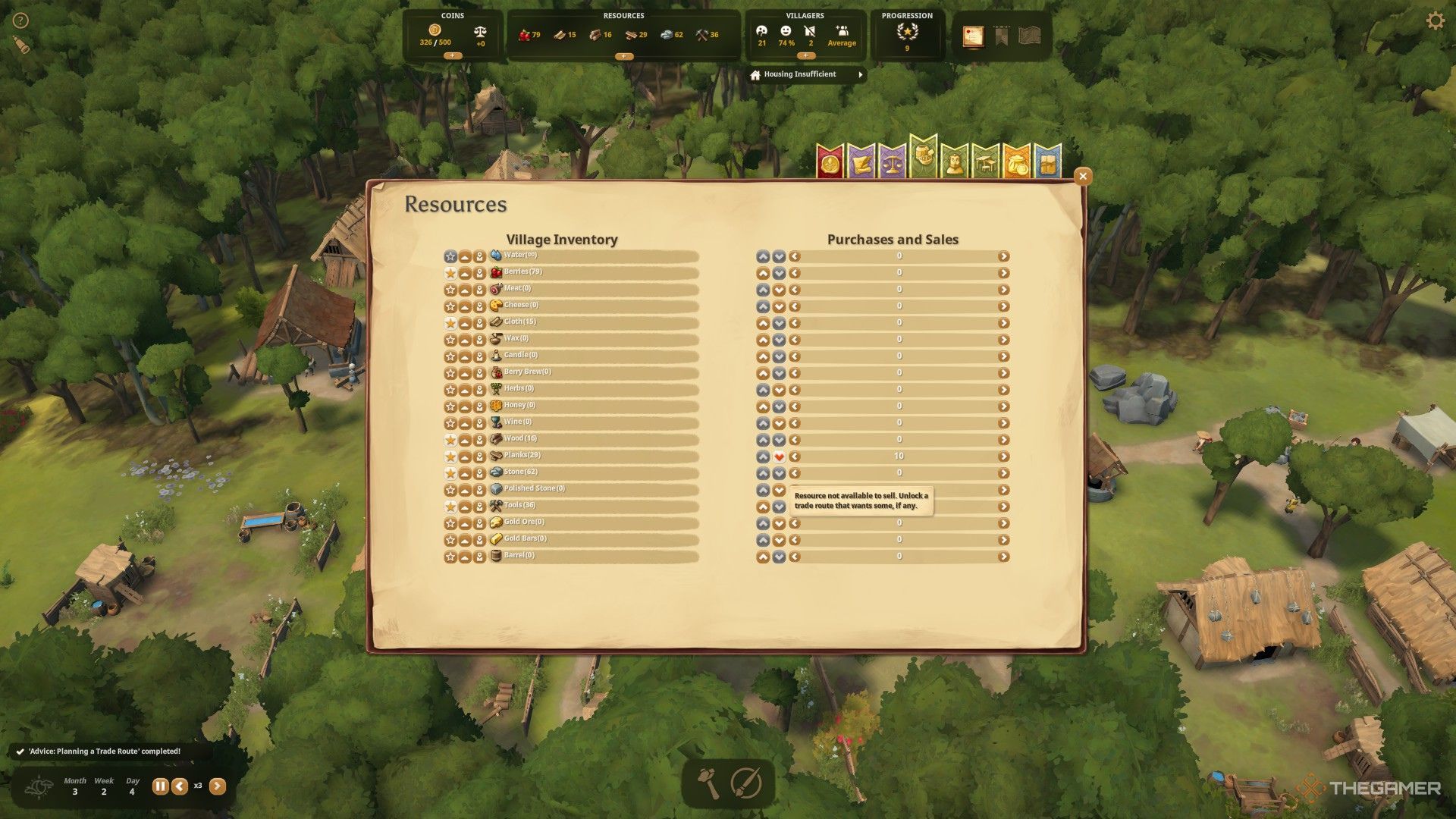 The image shows the Resources Menu in the Royal Book, with the player highlighting a locked resource in Foundation.