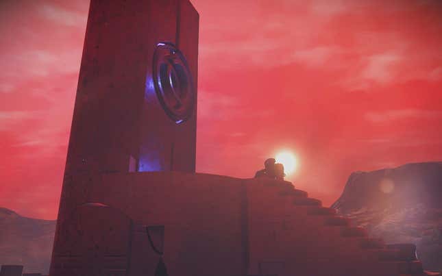 A sun sets on a red planet in No Man's Sky. 