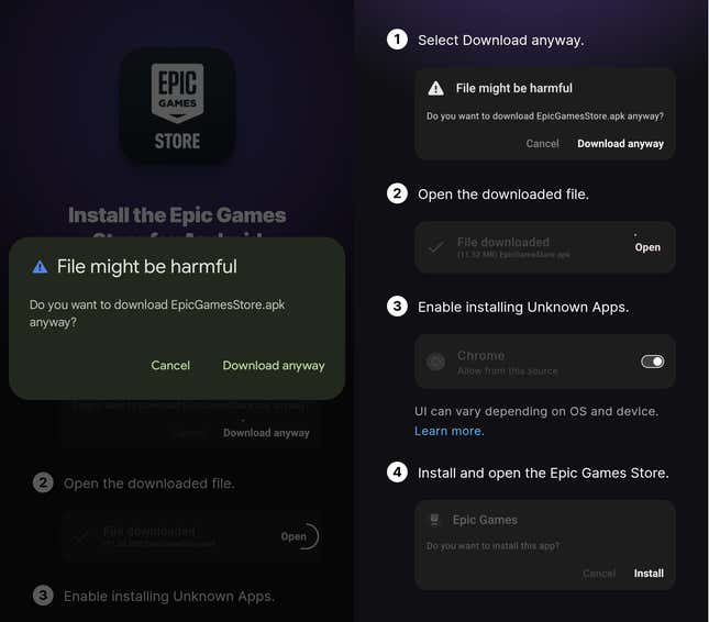 Screenshots show warnings associated with the Epic Games Store on Android. 