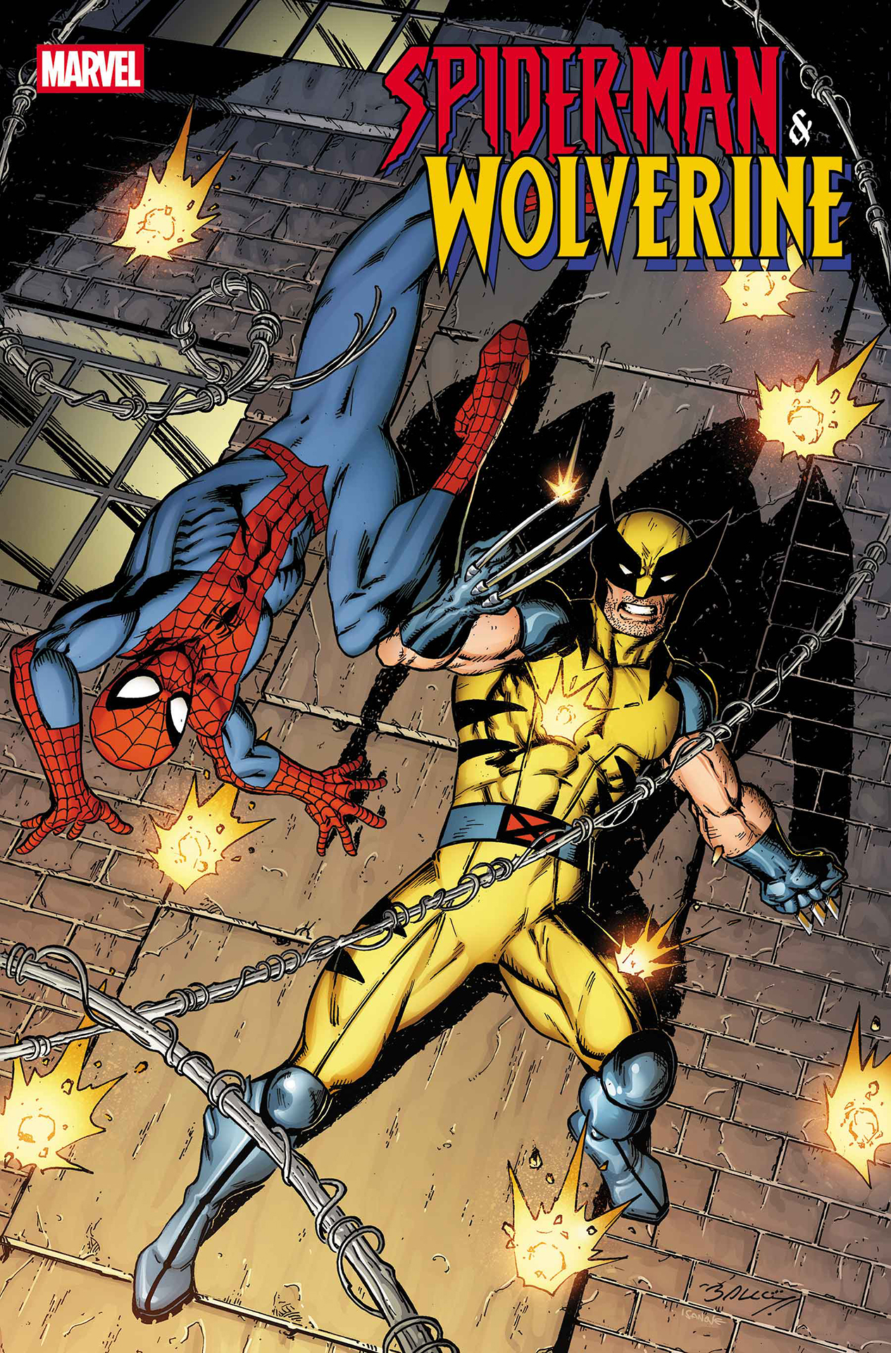 Spider-Man & Wolverine #1 cover by Mark Bagley, showing Spider-Man and Wolverine leaping into action avoiding gunfire.