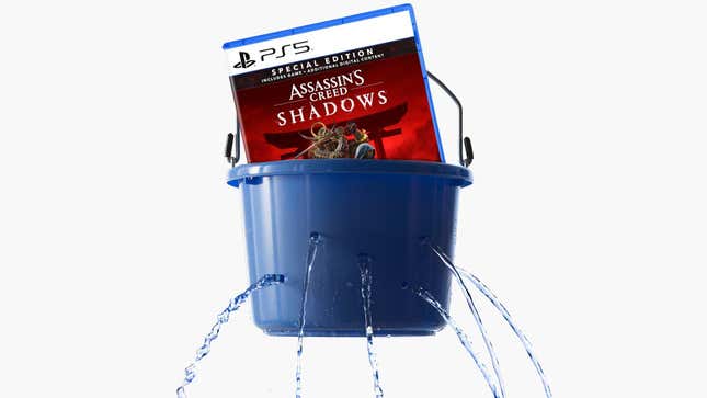 An image shows a leaking bucket with AC Shadows in it. 