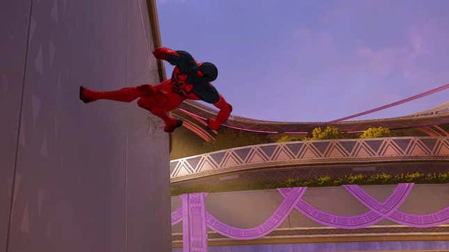 Spider-Man runs sidewalls on a wall.