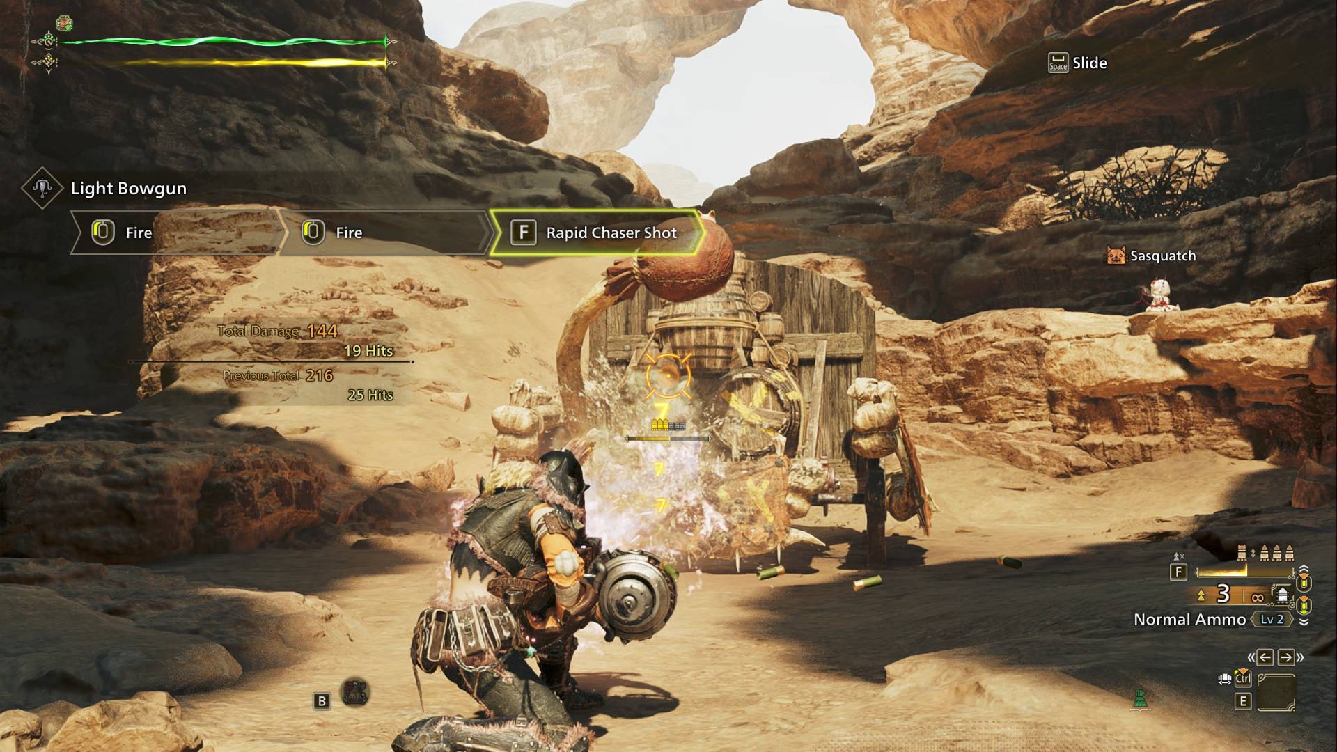 The player performing the Rapid Chaser Shot with the Light Bowgun in Monster Hunter Wilds.