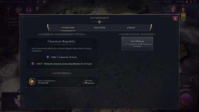 The Social Policies and Government screen in Civilization VII.