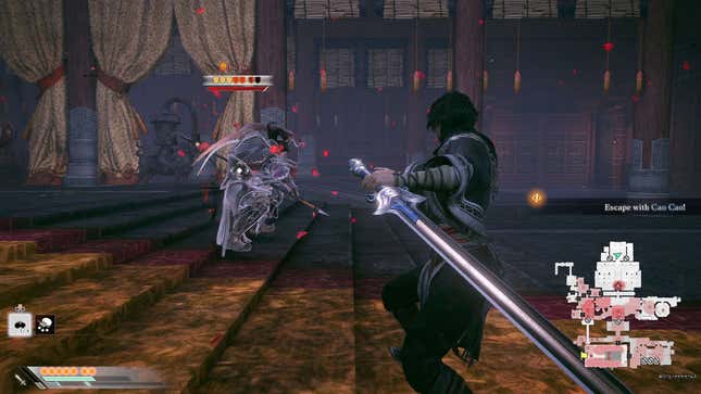 A screenshot from Dynasty Warriors Origins. The player character has successfully parried an attack against Lu Bu, and the two have bent their knees as they get ready to fight once more.