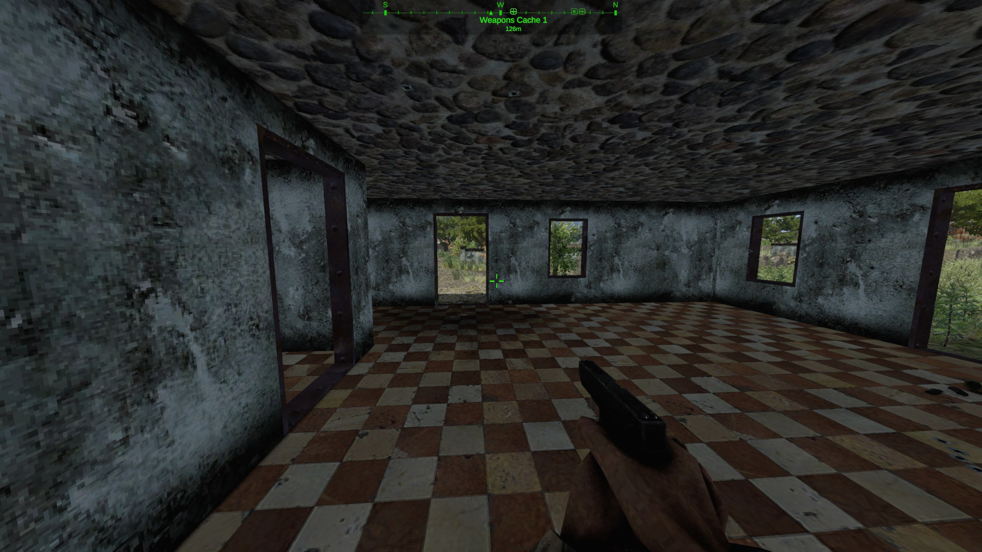 Dagger Directive screenshot of a first-person view with a pistol raised in a room with chequered floors