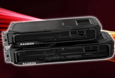 AMD Radeon RX 9070 and RX 9070 XT graphics cards stacked on top of each other with red backdrop