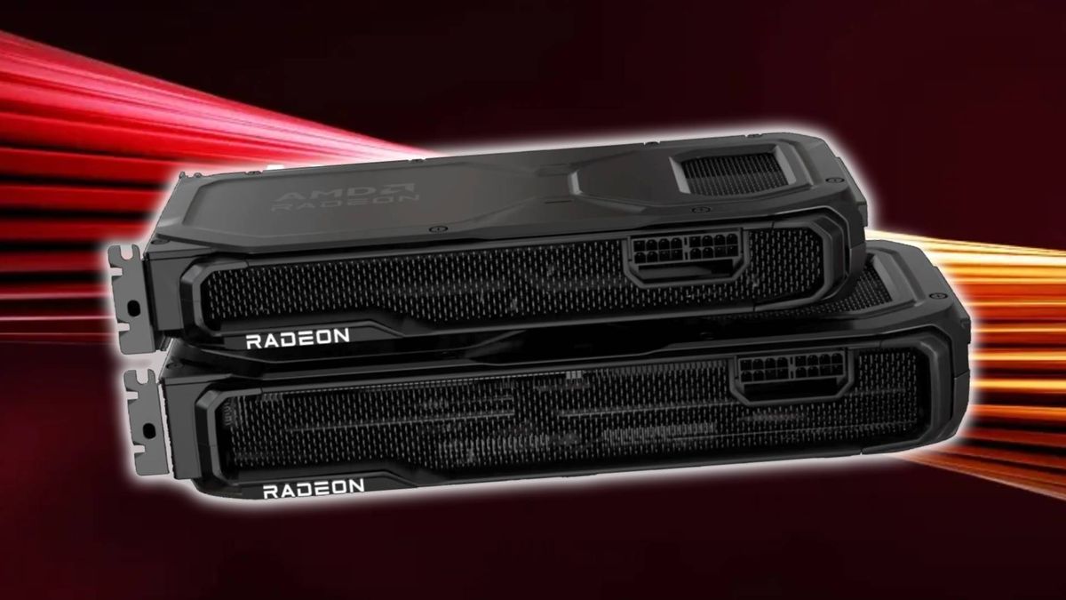 AMD Radeon RX 9070 and RX 9070 XT graphics cards stacked on top of each other with red backdrop