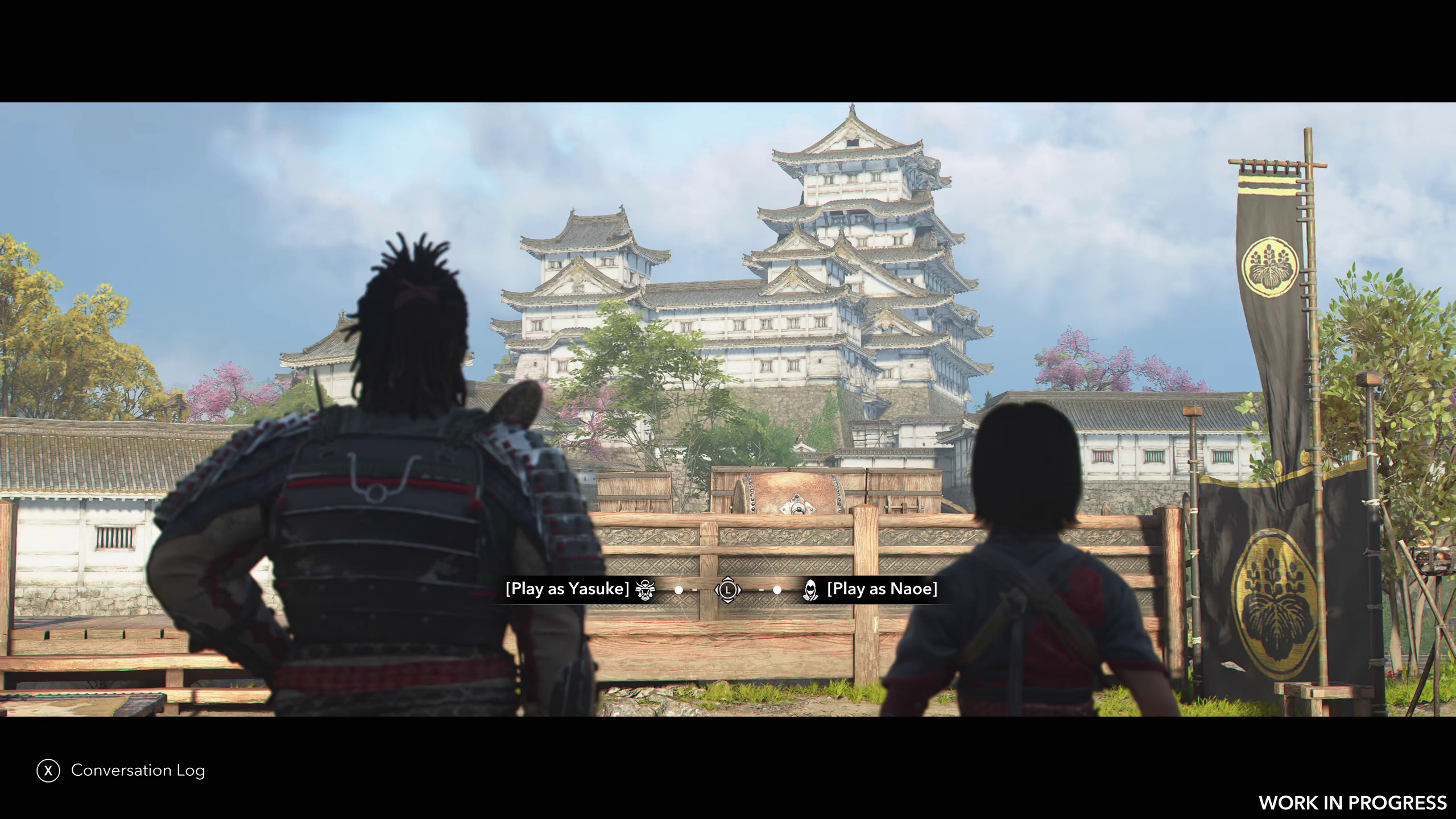 Naoe and Yasuke look at a castle in Assassin's Creed Shadows, where the player has a choice to select either of the two to continue playing