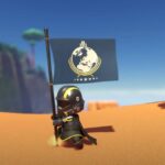 A Helldivers-inspired bot in Astro Bot placing a flag into the ground.