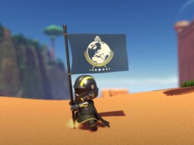 A Helldivers-inspired bot in Astro Bot placing a flag into the ground.