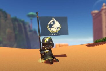 A Helldivers-inspired bot in Astro Bot placing a flag into the ground.