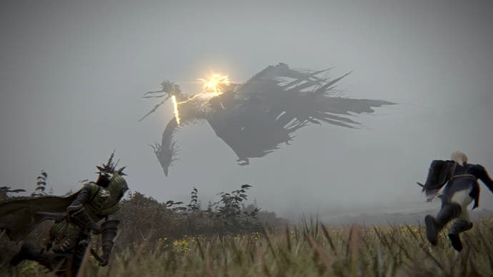 Elden Ring Nightreign screenshot showing two player characters running across a field with a man riding a dragon in the distance shooting lightning