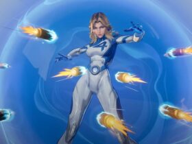 Invisible Woman in her Marvel Rivals character reveal trailer, surrounded by projectiles