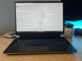 Alienware X16 R2 gaming laptop open on a wooden desk