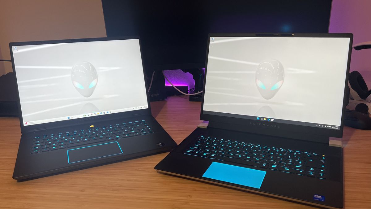 Alienware X16 R2 gaming laptop with Alienware M16 R2 on a wooden desk