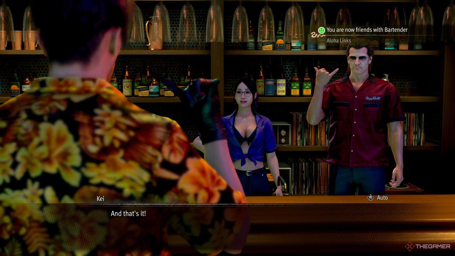 Majima greeting Kei and the Bartender in Like a Dragon Pirate Yakuza in Hawaii.