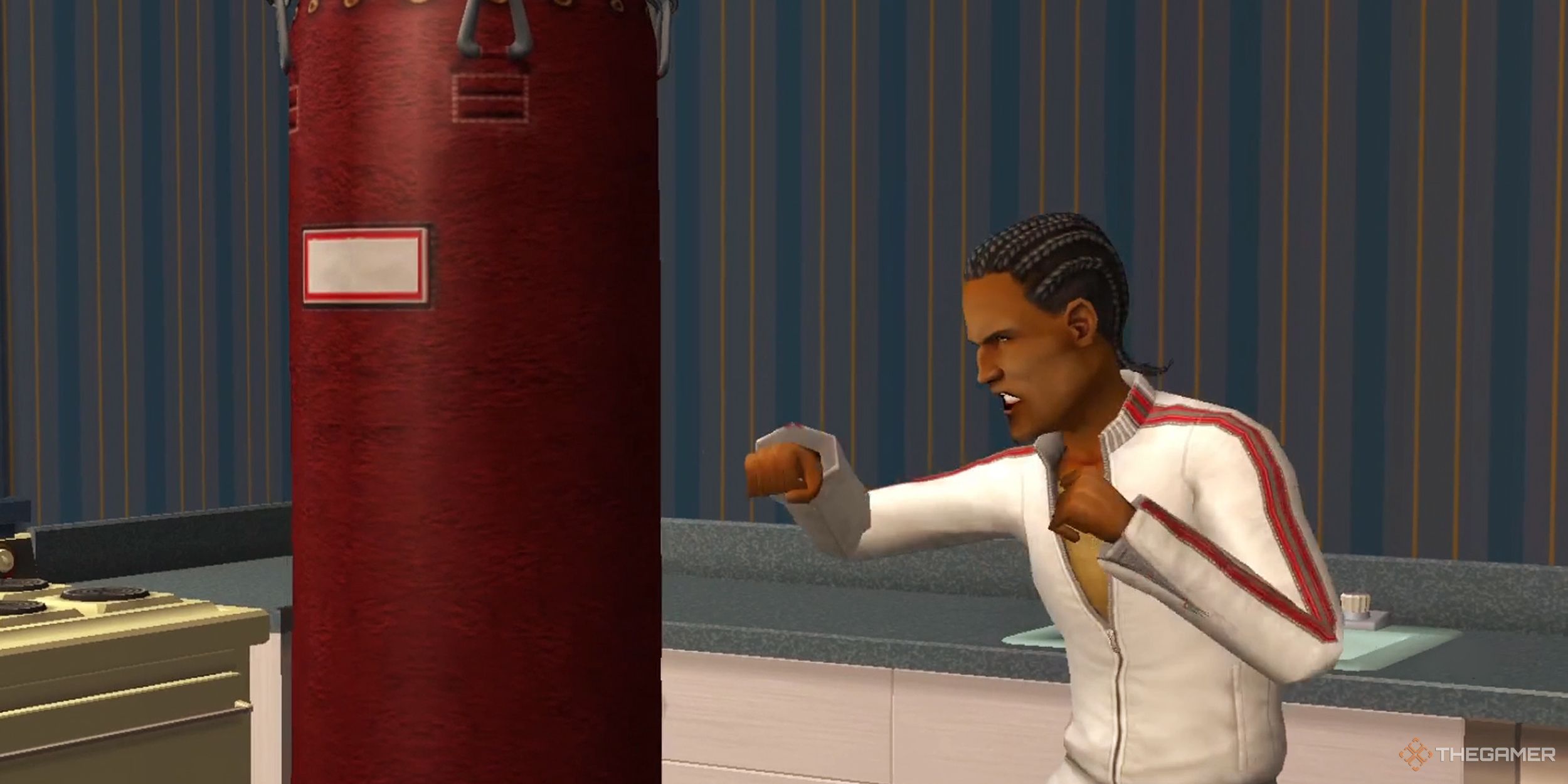 A sim in a white tracksuit [unching a punching bag in the kitchen.