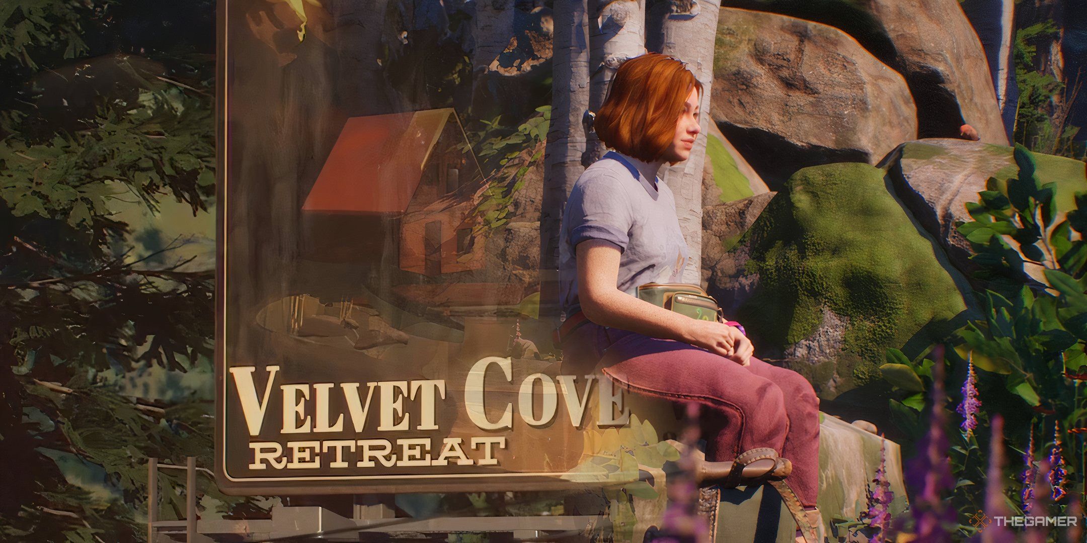 Velvet Cove Sign And Swann Sitting By River In Lost Records: Bloom & Rage.