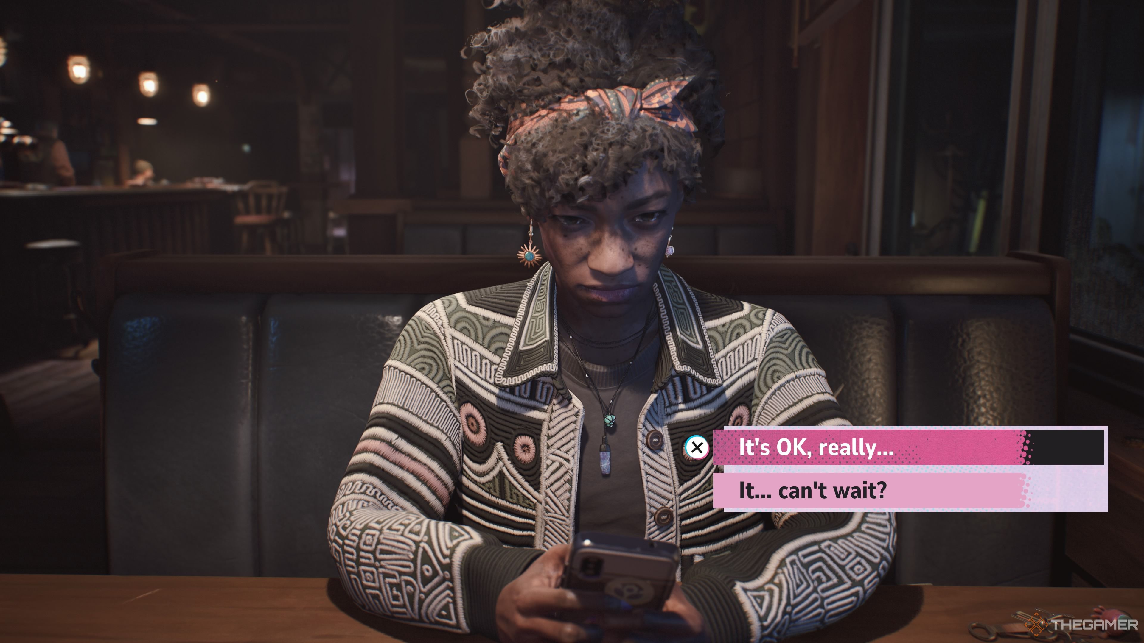 In Lost Records: Bloom & Rage, Autumn looks at her phone, as the player has dialogue options to say, "It's OK, really..." and "It... can't wait?"