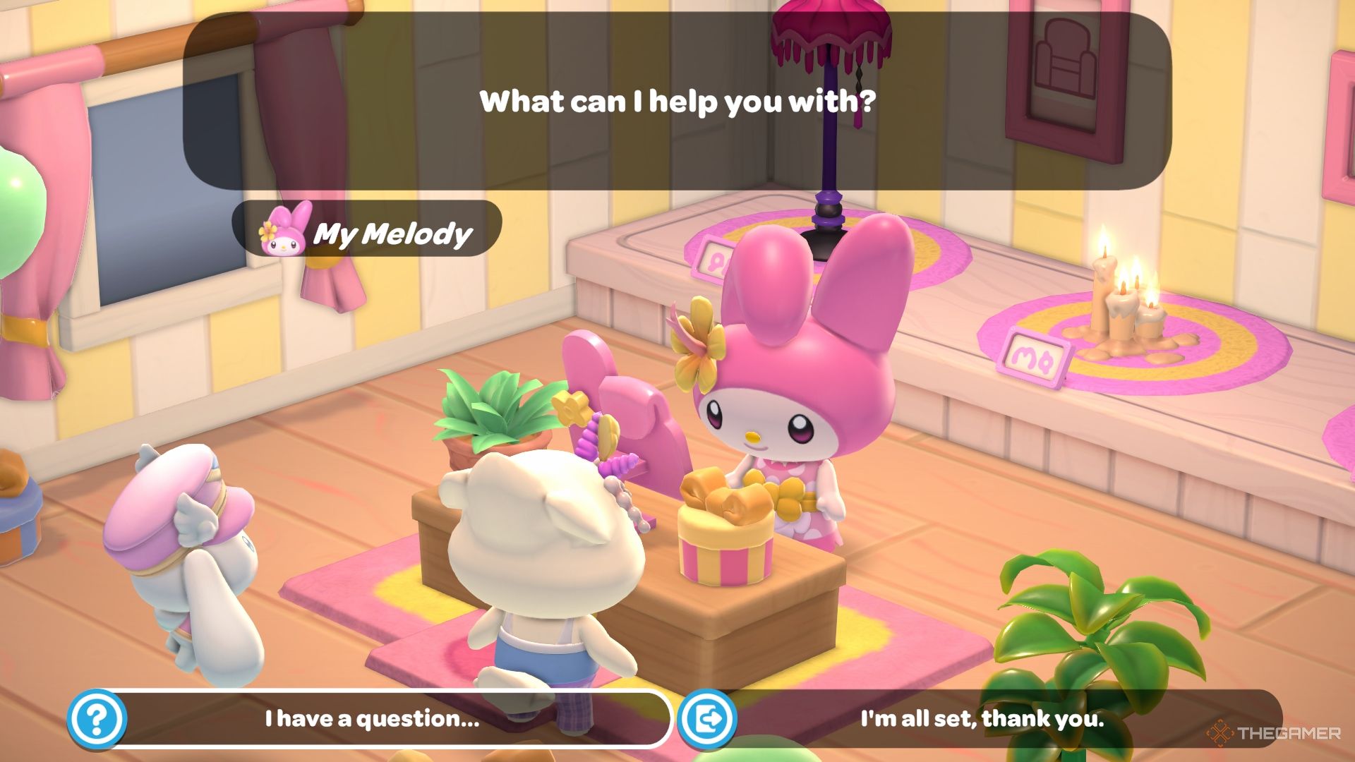 My Melody asks what she can help you with in her shop.