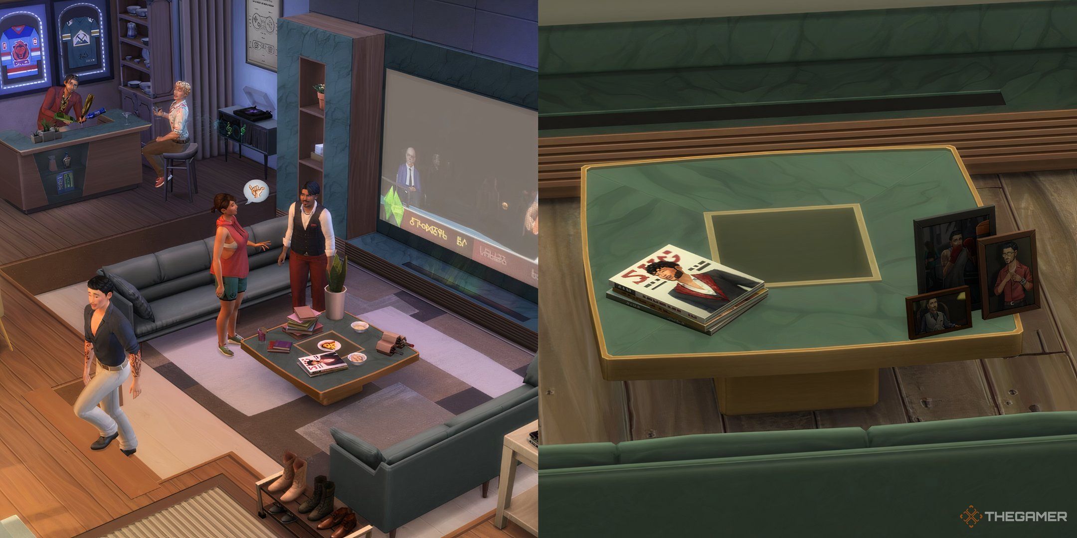 A collage cover image of Sims and furniture in the Casanova Cave pack from the Sims 4.