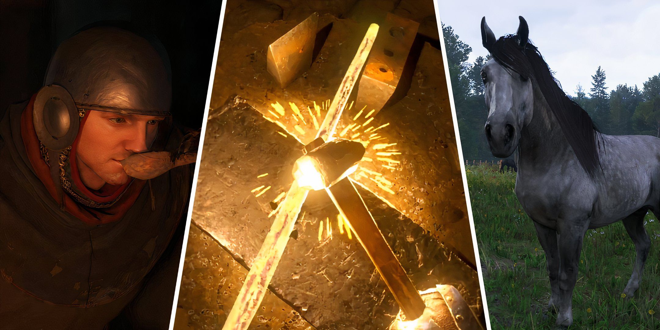 split image showing Henery eating from a spoon, forging a sword, and a horse in kingdom come deliverance 2.