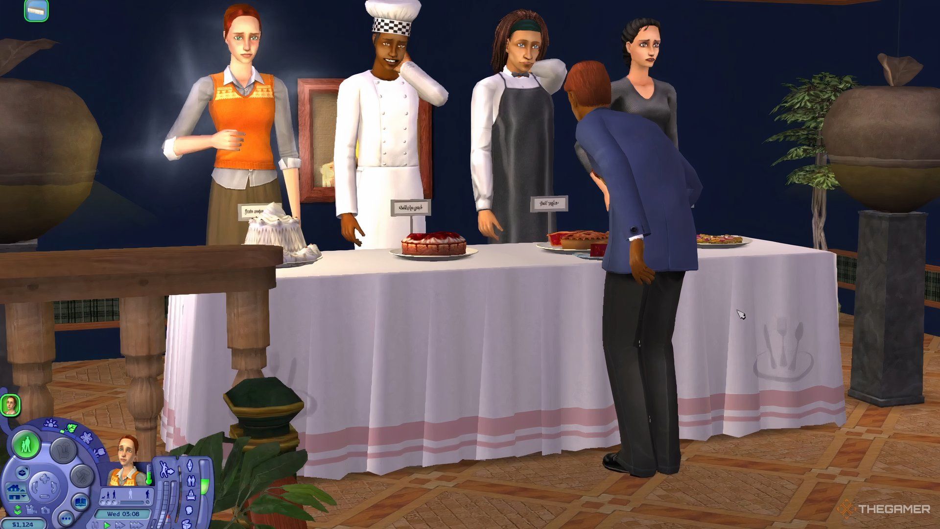 Four sims lined up while a judge examines their extravagant dishes.